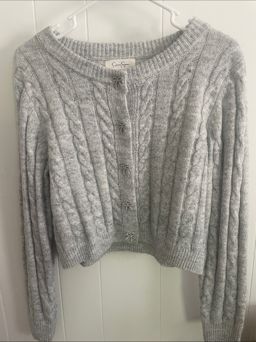Jessica Simpson Heather Gray Cable-Knit Cropped Cardigan with Bow Closures